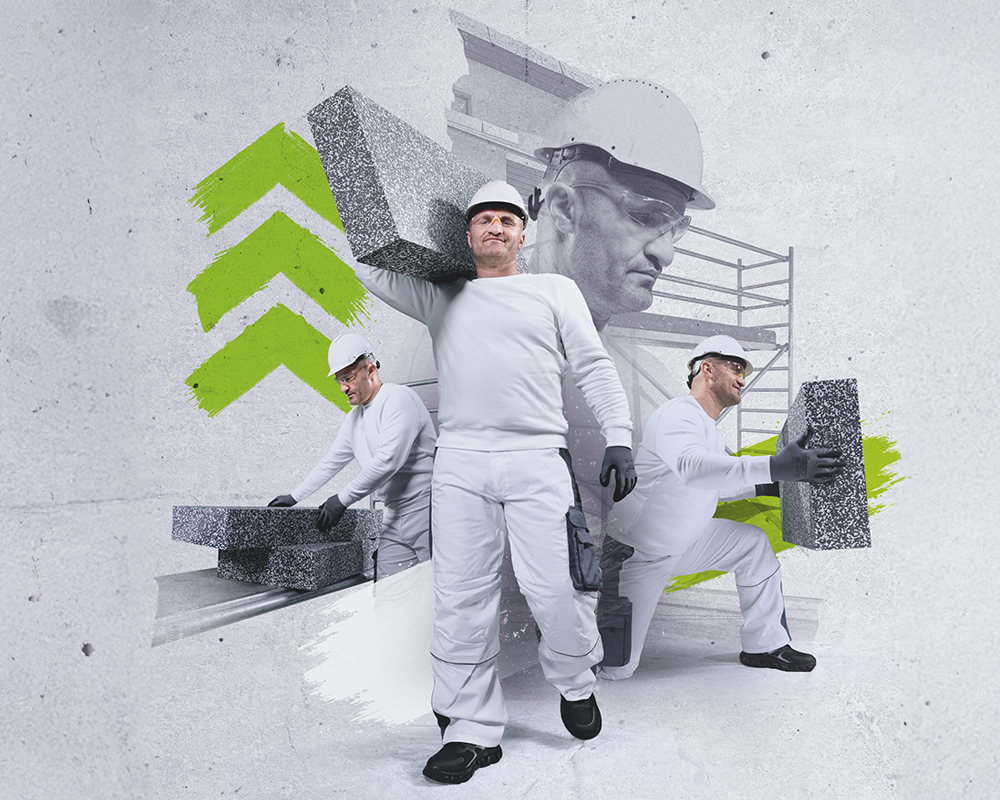 3 green arrows and collage of a worker in white clothing