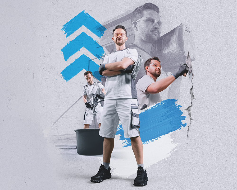 3 blue arrows and collage of a worker in white clothing