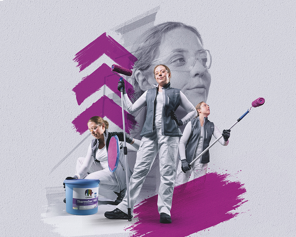 3 pink arrows and collage of a painter in white clothing