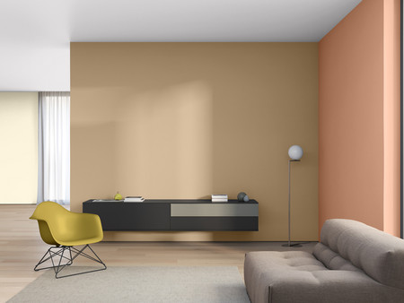 Ein modernes und stilvolles Wohnzimmer mit einem hellen, minimalistischen Design. Links befindet sich ein grüner Stuhl, während auf der rechten Seite ein graues Sofa steht.