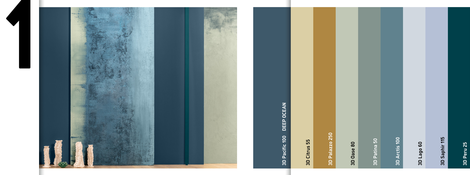 Das Bild zeigt eine Farbpalette für Wandfarben, die verschiedene Schattierungen von Blau und Grün sowie einige erdige Töne umfasst. Die Farben sind nebeneinander angeordnet, wobei die jeweilige Nuance nummeriert ist. 