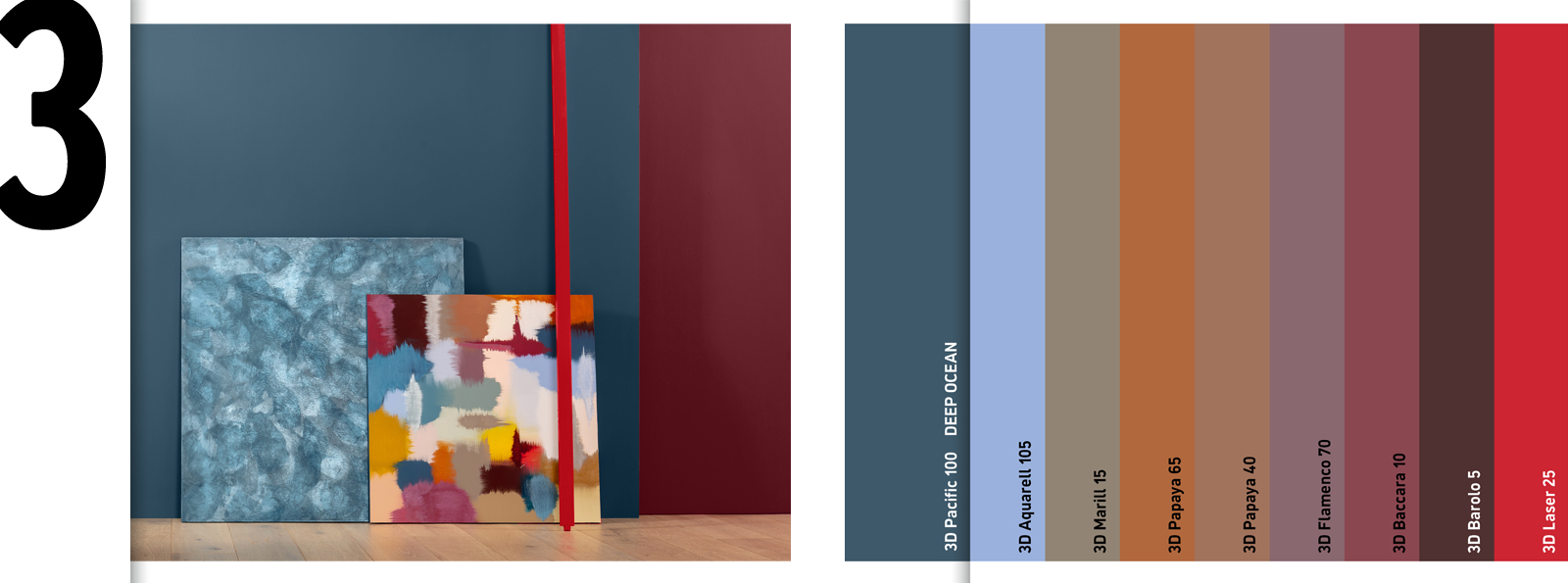 Die Abbildung zeigt links zwei Kunstwerke: eines in bunten abstrahierten Formen und ein weiteres mit strukturierten Blautönen. Rechts befindet sich eine Farbpalette mit verschiedenen Farbtönen und den entsprechenden Farbcodes.