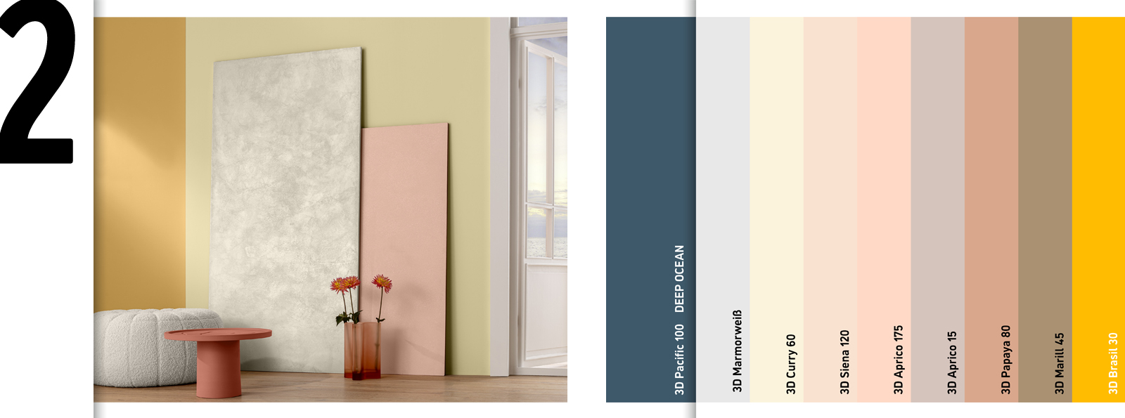 Eine moderne Wohnumgebung mit einer gelben und einer grauen Wand. Ein runder, rosaner Tisch steht mit einer Blumenvase daneben. Rechts ist eine Farbpalette mit neutralen und warmen Tönen abgebildet
