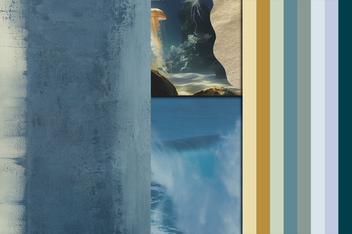 Das Bild zeigt eine Collage aus verschiedenen Texturen und Farben. Auf der linken Seite ist eine strukturierte Fläche in einem bläulichen Grau, daneben eine Darstellung von Wasser und Wellen. Rechts gibt es eine Reihe von senkrechten Streifen in unterschiedlichen Farben, darunter Blau-, Grün- und Gelbtöne.