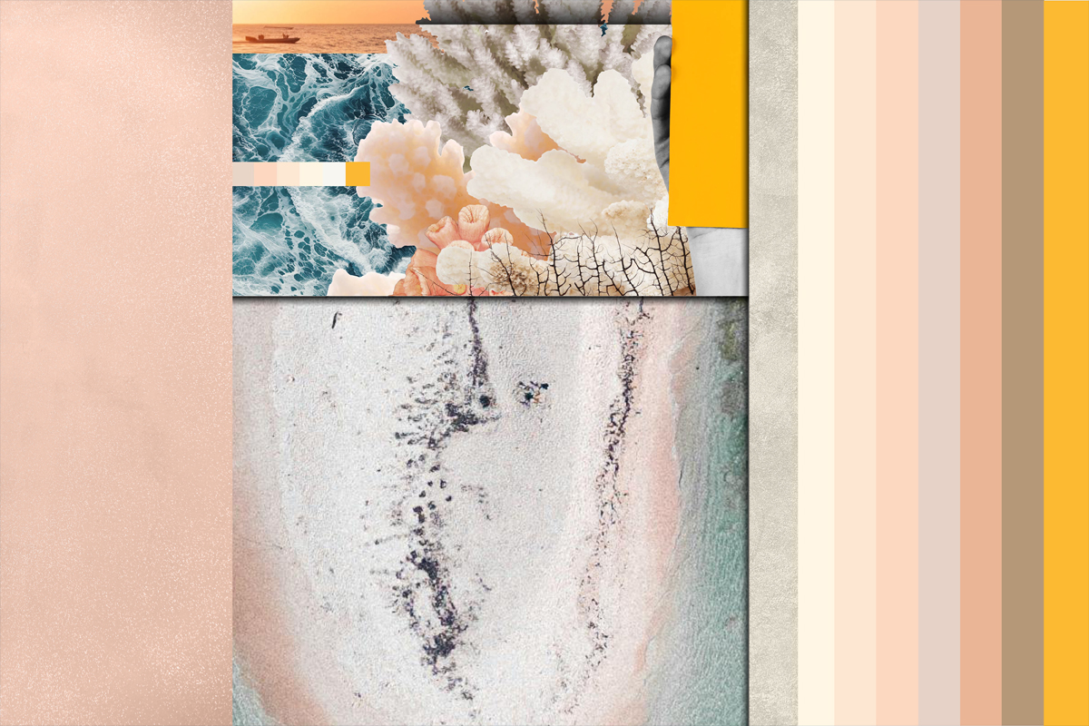 Eine Collage mit türkisfarbenen Wellen, floralen Elementen in der oberen Mitte und einem Farbverlauf in Nude- und Pastelltönen. Der untere Bereich zeigt einen hellen Sandstrand.