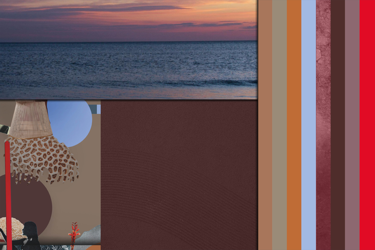 Eine Collage mit einem Sonnenuntergang über dem Meer im oberen Bereich. Darunter befinden sich verschiedene Farbtöne und Texturen, einschließlich Brauntönen und Rot, die harmonisch angeordnet sind.
